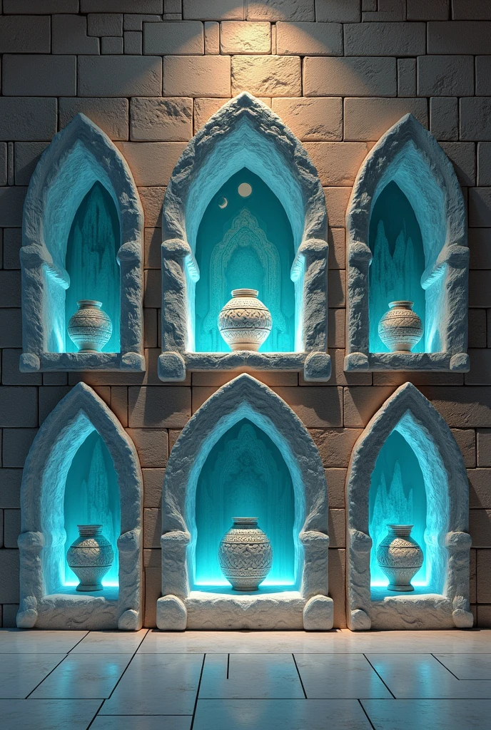 Generate 7 crystallized niches, 4 up and 3 down, on a wall containing an Inca pot in each of them.