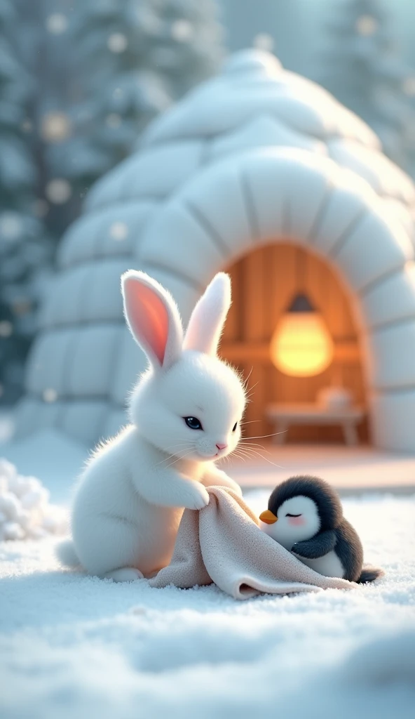 There is snow all around and a lot of snow is falling. There is a rabbit which is very small. The rabbit is white in colour. The rabbit's hair is like feathers. The rabbit has small ears. And there is a baby penguin which is smaller than the rabbit and is very cute like a child. There is an igloo inside which a lantern is hanging. The penguin is sleeping on a bed inside the igloo and the rabbit is blowing a blanket on the penguin.image in 3d animation.