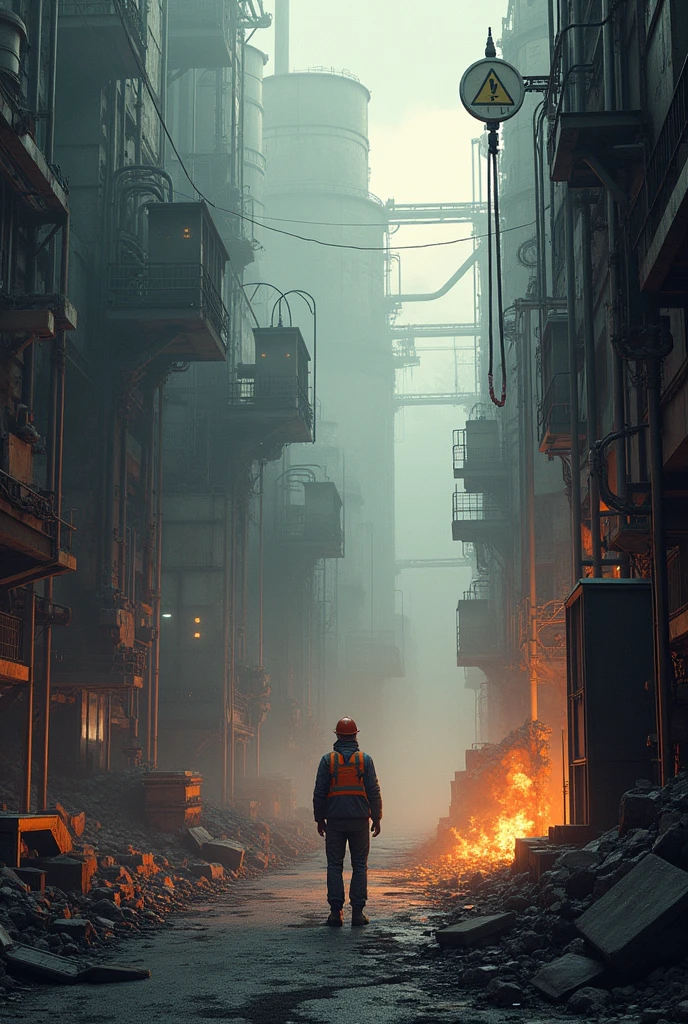 Create a digital image that represents the physical risks. Includes items such as damaged machinery, hazardous materials, or a person in a dangerous environment, such as near heavy equipment or fire, to symbolize tangible threats to security."