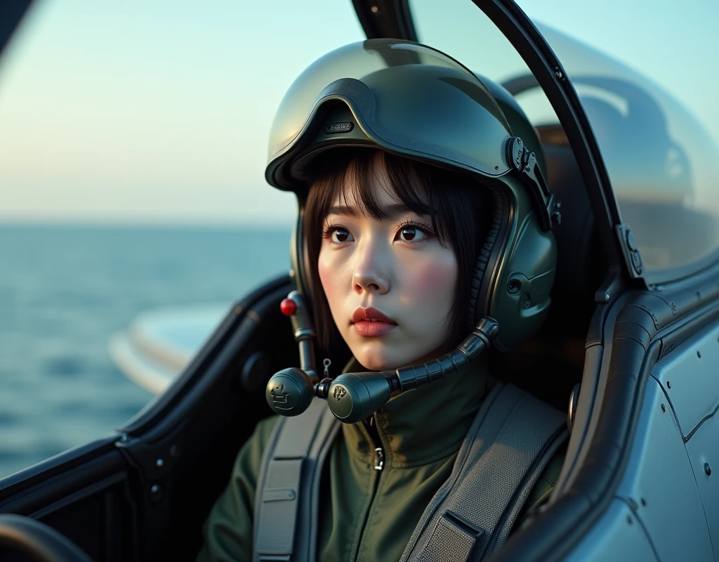 ultra-realistic, photorealistic, beautiful Japanese girl, beginner military pilot of the fighter jets, she is so nervous, at the cockpit of a military fighter jet, a canopy of fighter jet is already closed and ready to take off from the huge aircraft carrier on the sea, dramatic scene, masterpiece, face focus, flight helmet, breathe mask, very beautiful eyes, fighter jet pilot's flight suits,