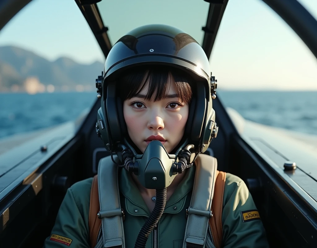 ultra-realistic, photorealistic, beautiful Japanese girl, beginner military pilot of the fighter jets, she is so nervous, at the cockpit of a military fighter jet, a canopy of fighter jet is already closed and ready to take off from the huge aircraft carrier on the sea, dramatic scene, masterpiece, face focus, flight helmet, breathe mask, very beautiful eyes, fighter jet pilot's flight suits,