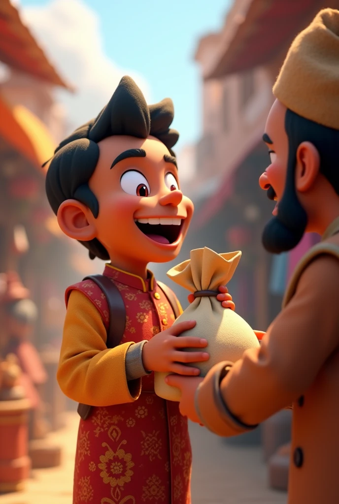In cenemetic 3d cartoon style ' Ramhu holding a bag of money with a look of happiness and disbelief. The merchant is handing over the bag with a satisfied expression.
