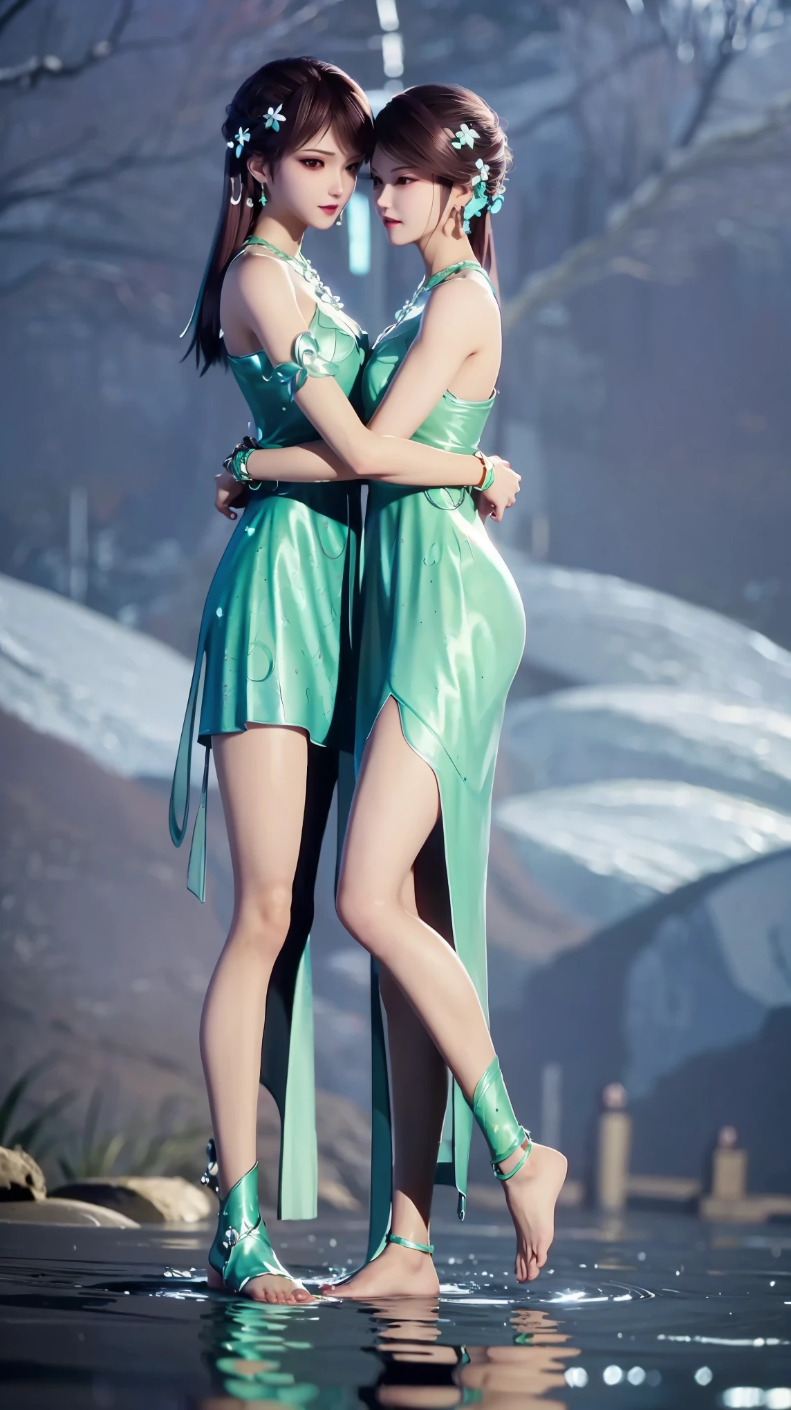 ((Biologically correct number of limbs))、(( Full body image(Including the face)))、4K、masterpiece、((Focus on the face))、((Symmetrical facial features))、The eyes are described in detail、Beautiful woman、Outstanding style、Beautiful arms、Beautiful legs、beautiful hands、(slim)、Facial details、Small earrings、necklace、(white shiny、Shiny dress、barefoot、radiant skin)、(Beautiful legsのアップ)、Sweat,Starry Sky,Starry Sky背景,Deep View,above water