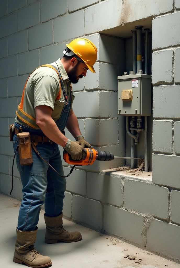 A worker incorrectly cutting electrical boxes in a wall made of plaster blocks and these blocks have dimensions of 50cmx66cmx10cm in a service environment