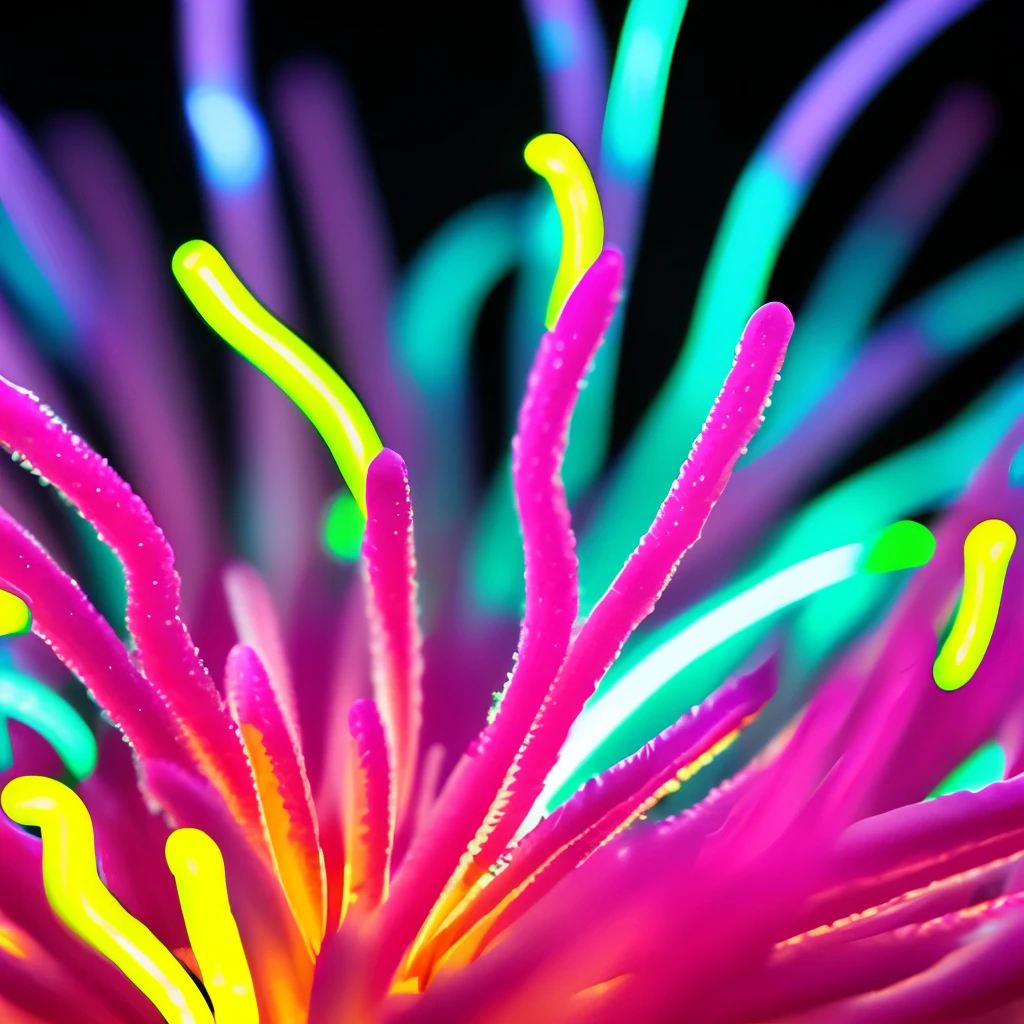 a close up of a flower with neon lights on it, radiating atomic neon corals, twirling glowing sea plants, harmony of neon glowing coral, neon color bioluminescence, neon bioluminescence, filled with bioluminescence, purple and blue neons, neon jellyfish, glowing neon flowers, purple bioluminescence