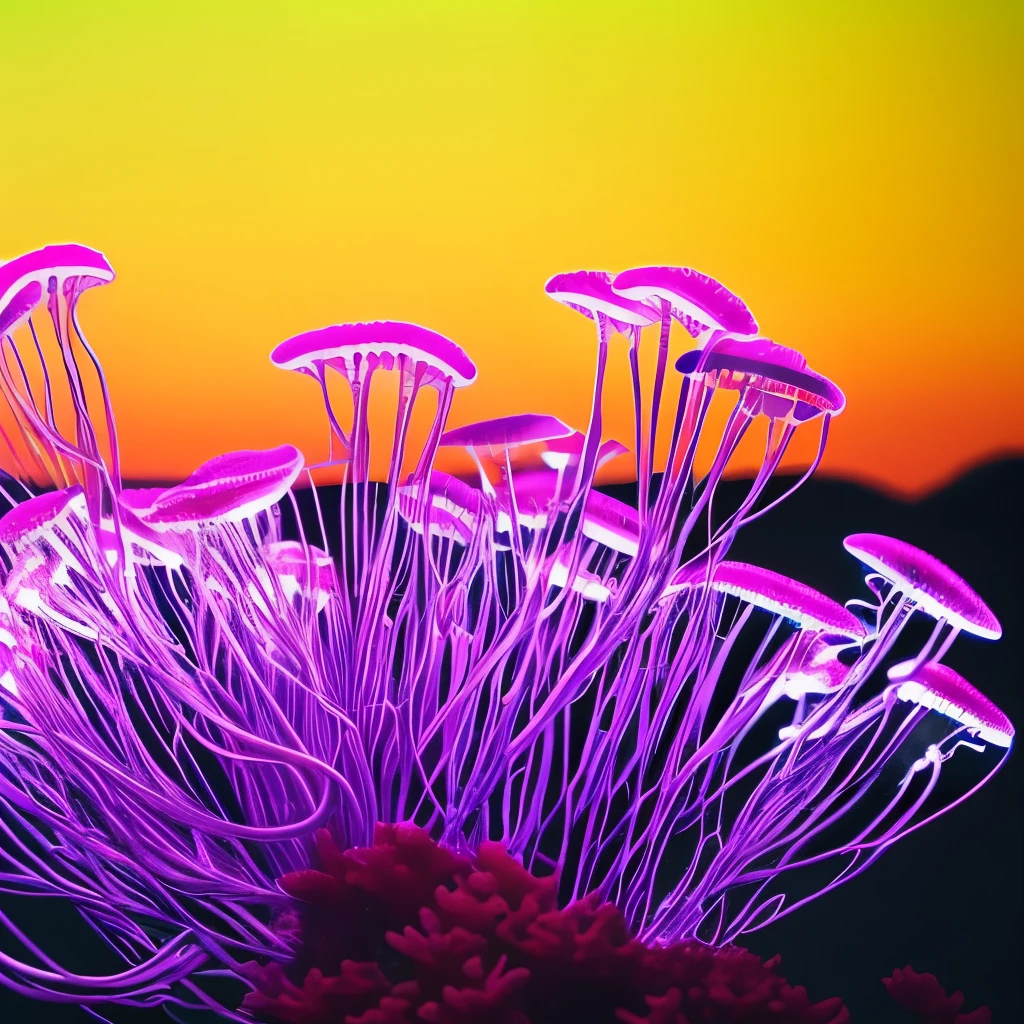 a close up of a flower with neon lights on it, radiating atomic neon corals, twirling glowing sea plants, harmony of neon glowing coral, neon color bioluminescence, neon bioluminescence, filled with bioluminescence, purple and blue neons, neon jellyfish, glowing neon flowers, purple bioluminescence