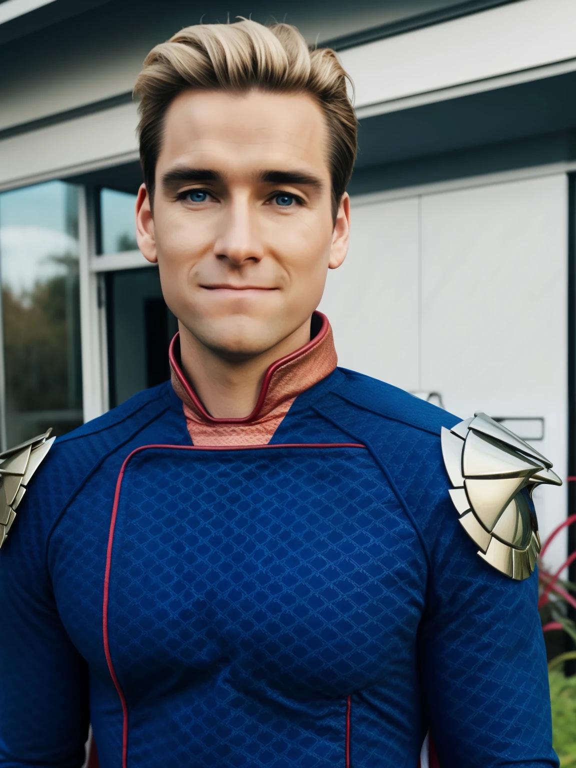 1 person, Wonder Woman costume, handsome young man, 18 years old, tall, shiny blond, sharp eyes, erect, shy, weak