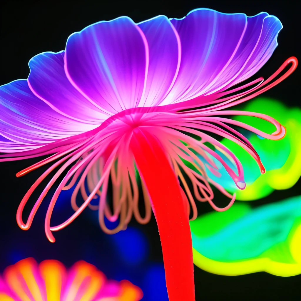 a close up of a flower with neon lights on it, radiating atomic neon corals, twirling glowing sea plants, harmony of neon glowing coral, neon color bioluminescence, neon bioluminescence, filled with bioluminescence, purple and blue neons, neon jellyfish, glowing neon flowers, purple bioluminescence
