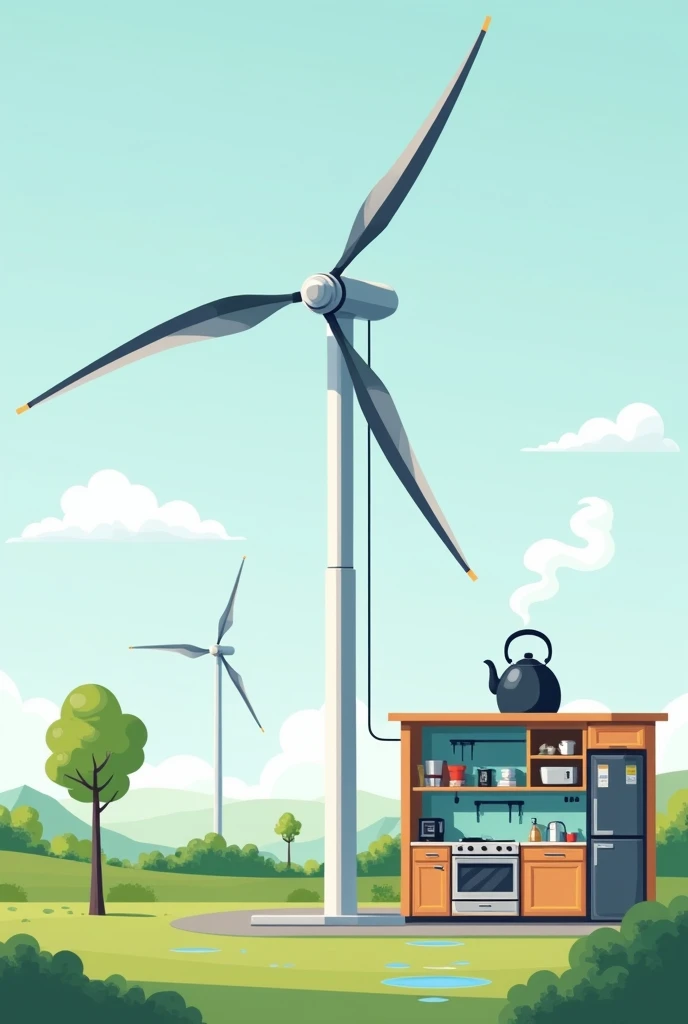 Show me an image of a windmill producing electrical energy and at the same time by cables, This electrical energy makes a kitchen work and above this kitchen there is a kettle that produces thermal energy