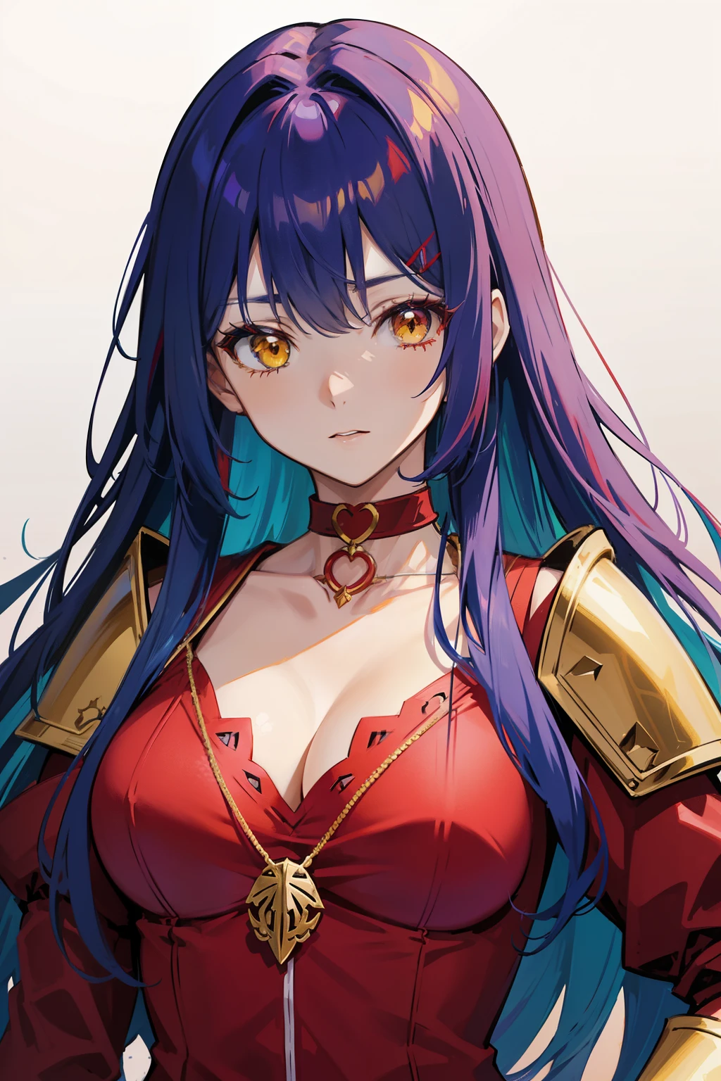 anime style, female character, (((red clothes))), (((blue hair))), hair loose in the front and tied back, purple choker around the neck, (((yellow eyes))), red armor, purple details on the armor, white shirt underneath the armor, purple pendant in the hair ((clip)), detailed, high quality, emotional effects, anime style.