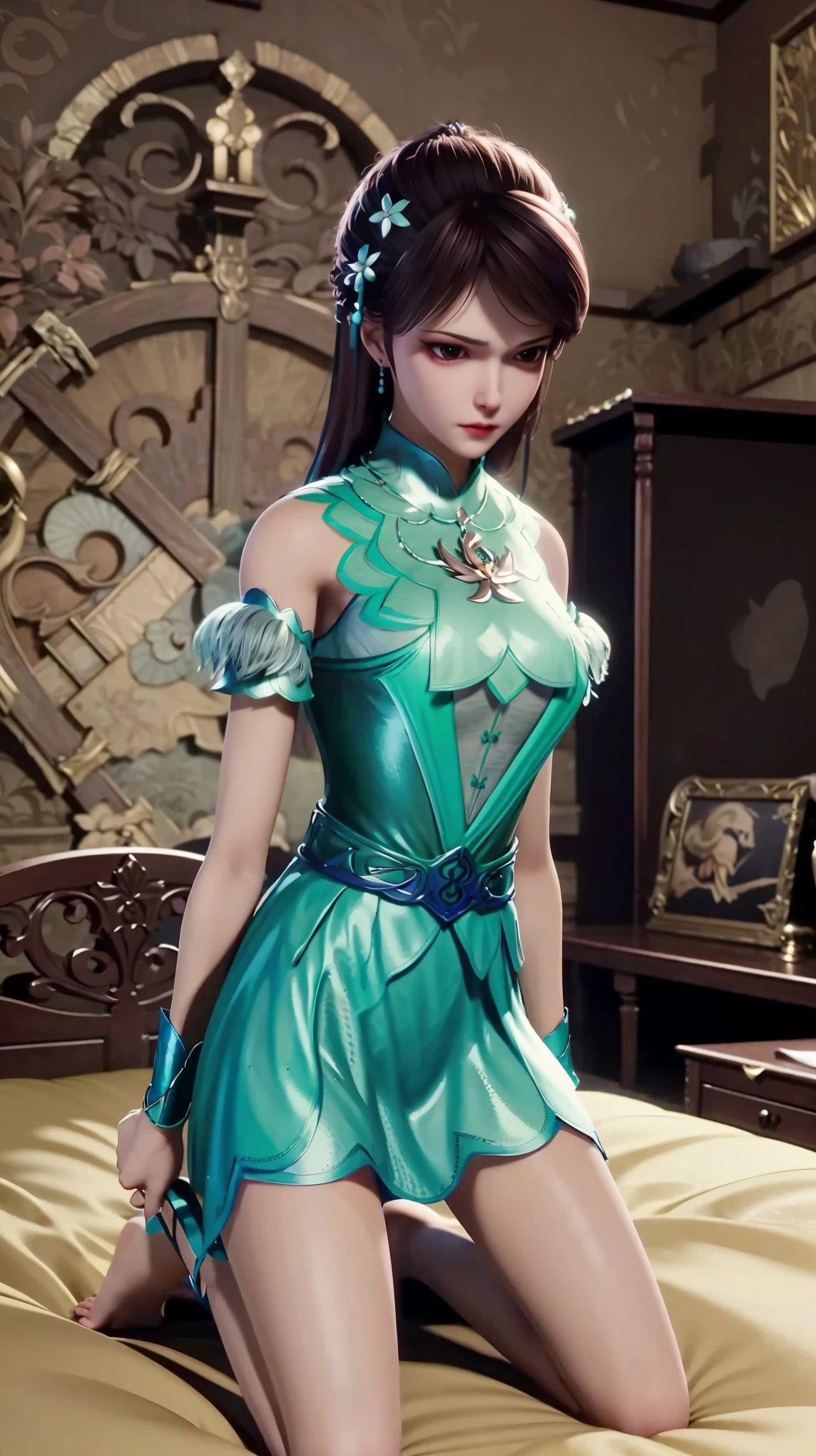 best quality,masterpiece,The Ultimate Solution,Fluffy,Extremely colorful,Mature beautiful woman,(Dress school uniform),Lace skirt,(Beautiful woman beheaded),Normal posture,(Kneeling),Kneeling on the bed,shackles,Beheading,collar,barefoot,Normal posture