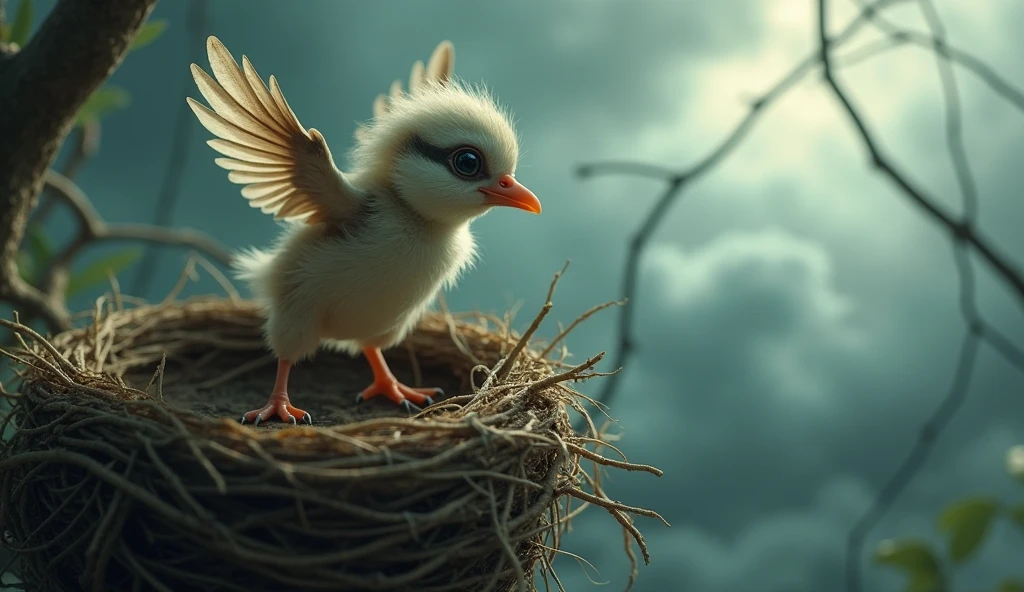  The young bird finally gathers the courage to spread its wings and jump out of the nest. The scene captures the moment of fear and uncertainty, with the storm still visible in the background.
