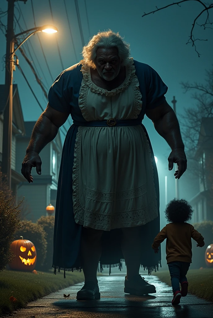 A Tall Big Black man Disguised as a granny chasing kids on a halloween night
