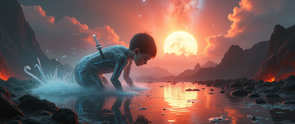 Model shooting style, (Extremely detailed CG unity 8k wallpaper),[Scene of volcanic eruption and scorching sun,Translucent Ethereal Mechanical Boy,perspective looking up,Futuristic boy,Mechanical joints,crawl,Futuristic underwater translucent universe close up,colorful swords, Beautiful Milky Way in the background,Art bud, shattered glass, ((Bubble underwater scenery)) ,Radiant Octane render in great detail,photography:Brandon Woelfelmist,surreal dreamscape,Surrealist art fantasy style,Epic digital fantasy art style,lute,HDR,Beautiful Sci-Fi Art, Sci-fi digital art illustration, Digital Cyberpunk Art, Science Fiction Digital, Futuristic numbers, Futuristic Concept Art, Sci-fi suspension cyberpunk, Cyberpunk Atlantis Landscape, Science Fiction Digital艺术, 高级Digital Cyberpunk Art, Dreamy cyberpunk boy