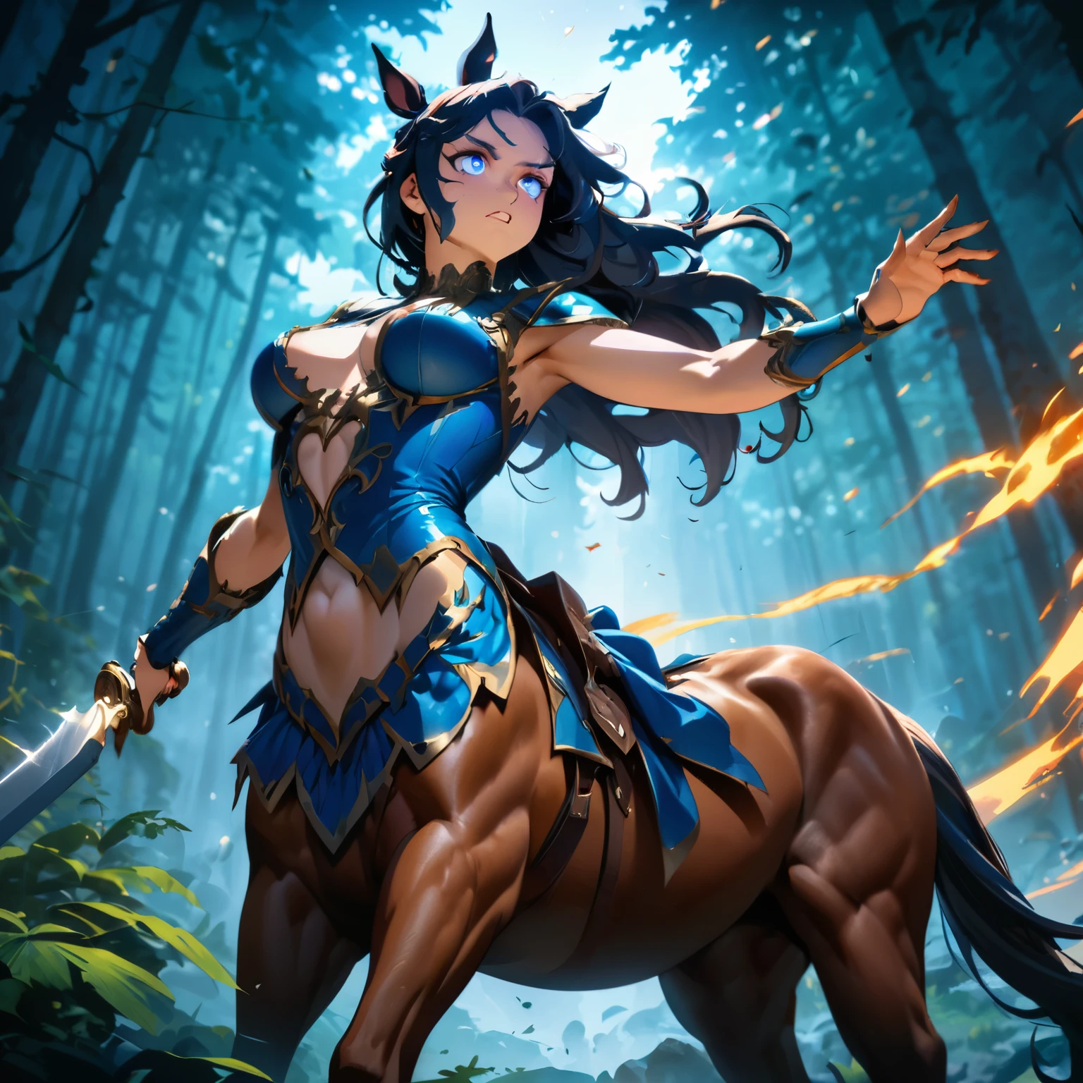 a centaur in a forest, looking into the distance, wary of the surroundings, dignified face, strong gaze, beautiful detailed eyes, beautiful detailed lips, extremely detailed face, horse, 1 centaur, (best quality,4k,8k,highres,masterpiece:1.2),ultra-detailed,(anime style),concept art, fantasy, dynamic pose, dramatic lighting, vivid colors, cinematic atmosphere,(have a long sword)