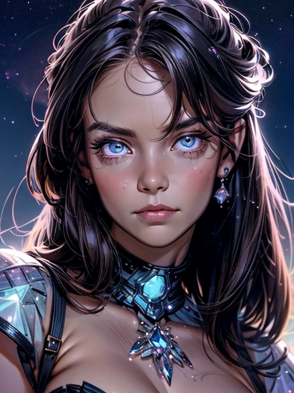 Masterpiece, Superb Girl, Cute Girl, Bust, sagging breasts, High Detail Eyes, Perfect Eyes, Portrait, High Detail Face, Same Eyes, Glare, Rainbow Color, Global Illumination, Soft Light, Dream Light, Digital Painting, 8K Close-up, Fantasy, Night Sky, Stars, Nebula, White Crystal, Moonlight, Serenity, Summer, (8K:1.1)