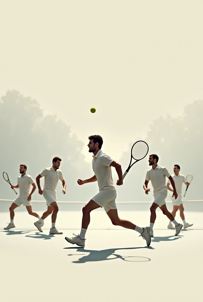 Minimalist square-sized image of Novak Djokovic alongside other prominent male tennis players, how Nadal, Sinner, Alcaraz, Rublev. In the background a tennis court, and soft colors. Let the players come out in full body playing a match. Let Novak star in the image. 
