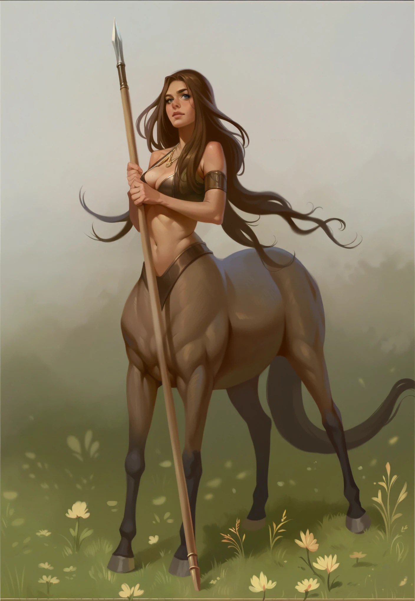 Centaur woman with a spear in a field, centaur from greek mythology, realistic fantasy illustration