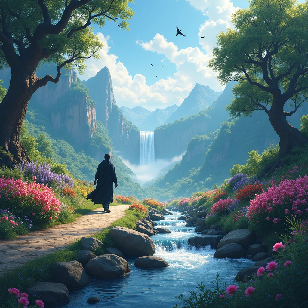 The land of immortality
"The black cabuliwallah is walking by, with various colored flowers on the trees on either side of the road. Small, colorful lovebirds are flying in the sky and perching on the branches. Nearby, a clear stream of water flows over small and large stones, and in the distance, a waterfall is cascading down from the mountains."