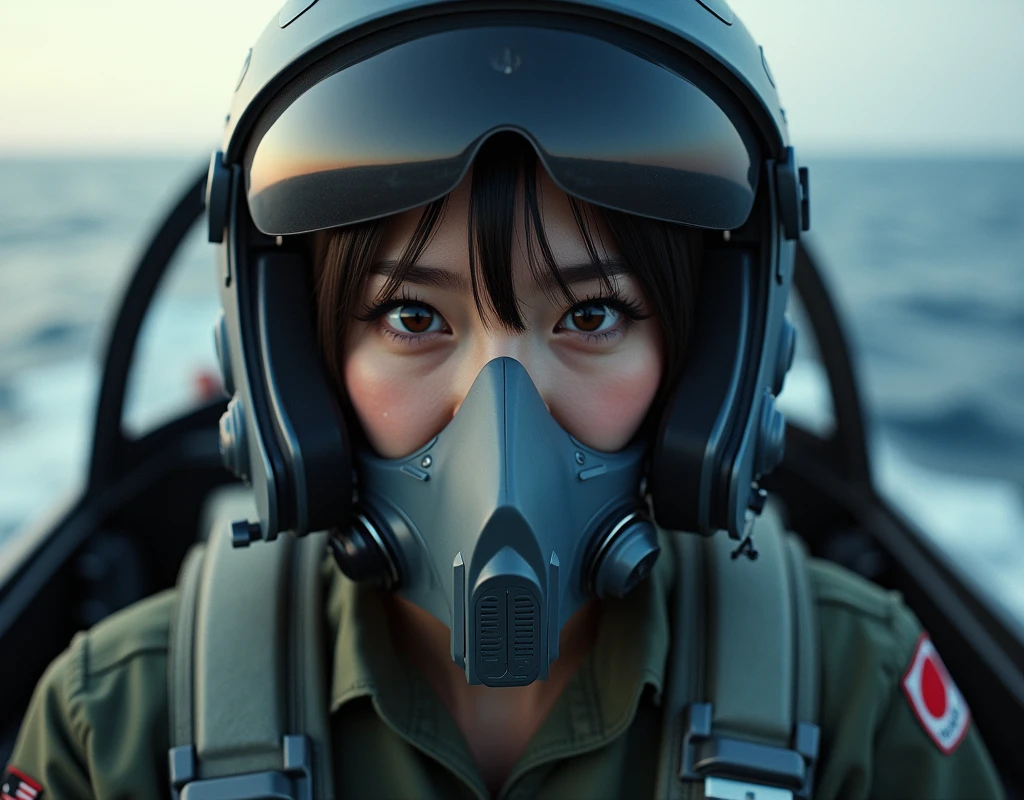 ultra-realistic, photorealistic, beautiful Japanese girl, beginner military pilot of the fighter jets, she is so nervous, a canopy of fighter jet is already closed and ready to take off from the huge aircraft carrier on the sea, dramatic scene, masterpiece, face focus, flight helmet, breathe mask, very beautiful eyes, fighter jet pilot's flight suits,