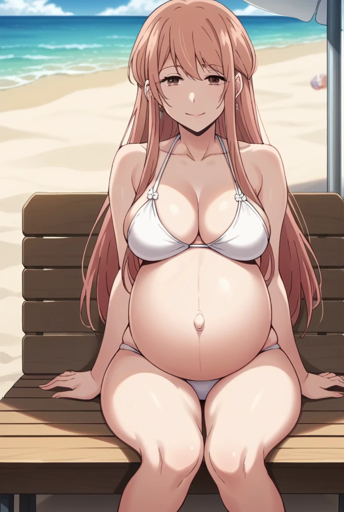 score_9, score_8_up, score_7_up, source_anime,
akaneminagawa, akane minagawa, long hair, bangs, brown hair, brown eyes, Big breasts,
Bikini, panties, Heels, big belly, large belly, Beach, background, rubing belly, smile,
looking at viewer, cowboy shot, solo, pregnant, possing, Sitting, strech marks, belly button, earrings, 