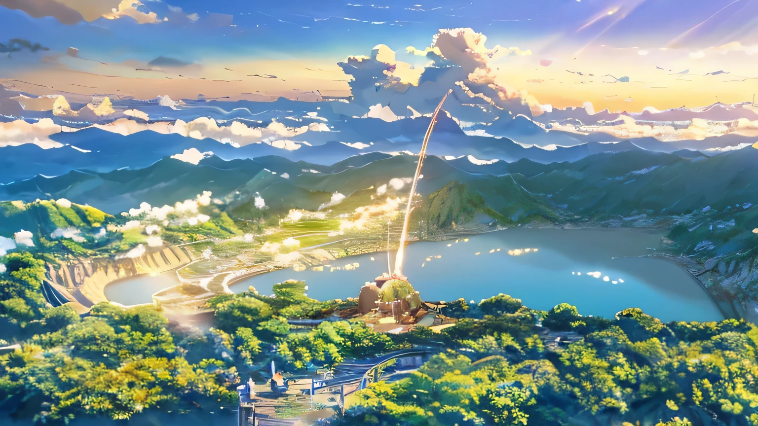 High definition、high resolution、Masterpiece、Osaka Castle collapses、Tsutenkaku Tower is destroyed、blue sky、City、explosion、City、fire、Gazing from afar、Makoto Shinkai style、