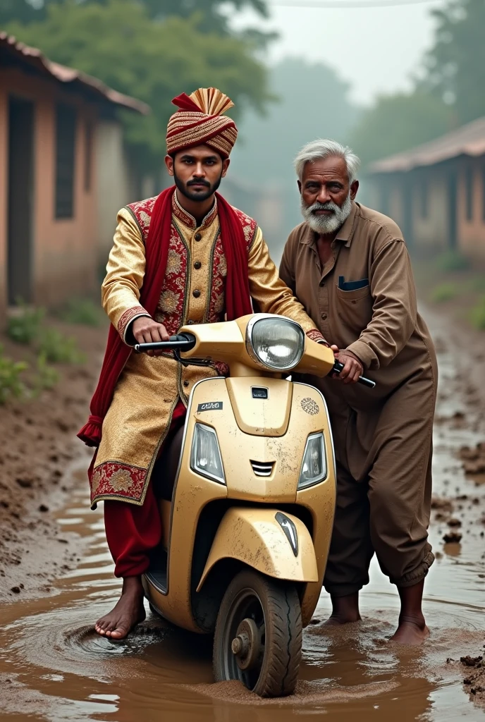 Ek ladka hai jisne apni shaadi ki sherwani pahan rakhi hai vah ek kichad mein fanse hue scooter ko bahar nikal raha hai ek uncle ki help Karta hai 