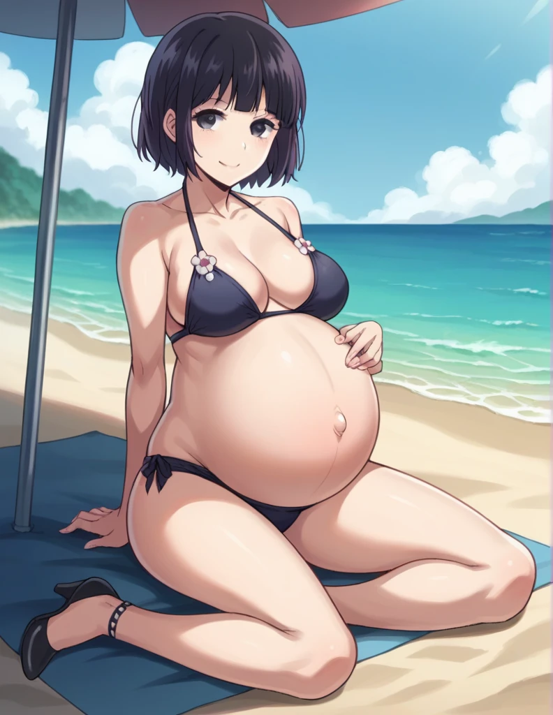 score_9, score_8_up, score_7_up, source_anime,
hanabiyasuraoka, hanabi yasuraoka, short hair, black hair, black eyes,
Big breasts,
Bikini, panties, Heels, big belly, large belly, Beach, background, rubing belly, smile,
looking at viewer, cowboy shot, solo, pregnant, possing, Sitting