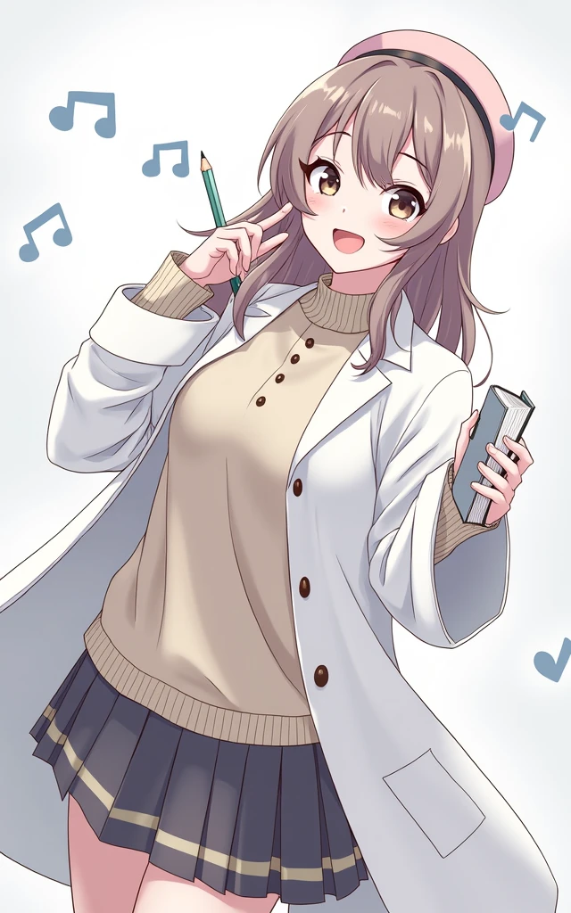 (Daisaku),(Need),(Super meticulous),(full bodyesbian:1.2),1girl,tchibi,adolable,ssmile,open-mouth smile, open-mouth smile,Light blue background,Raise your right hand,Hold a pencil in hand,Hold a book in your left hand,Music,Pink berets,cloak,The shirt, (short detailed:1.3)