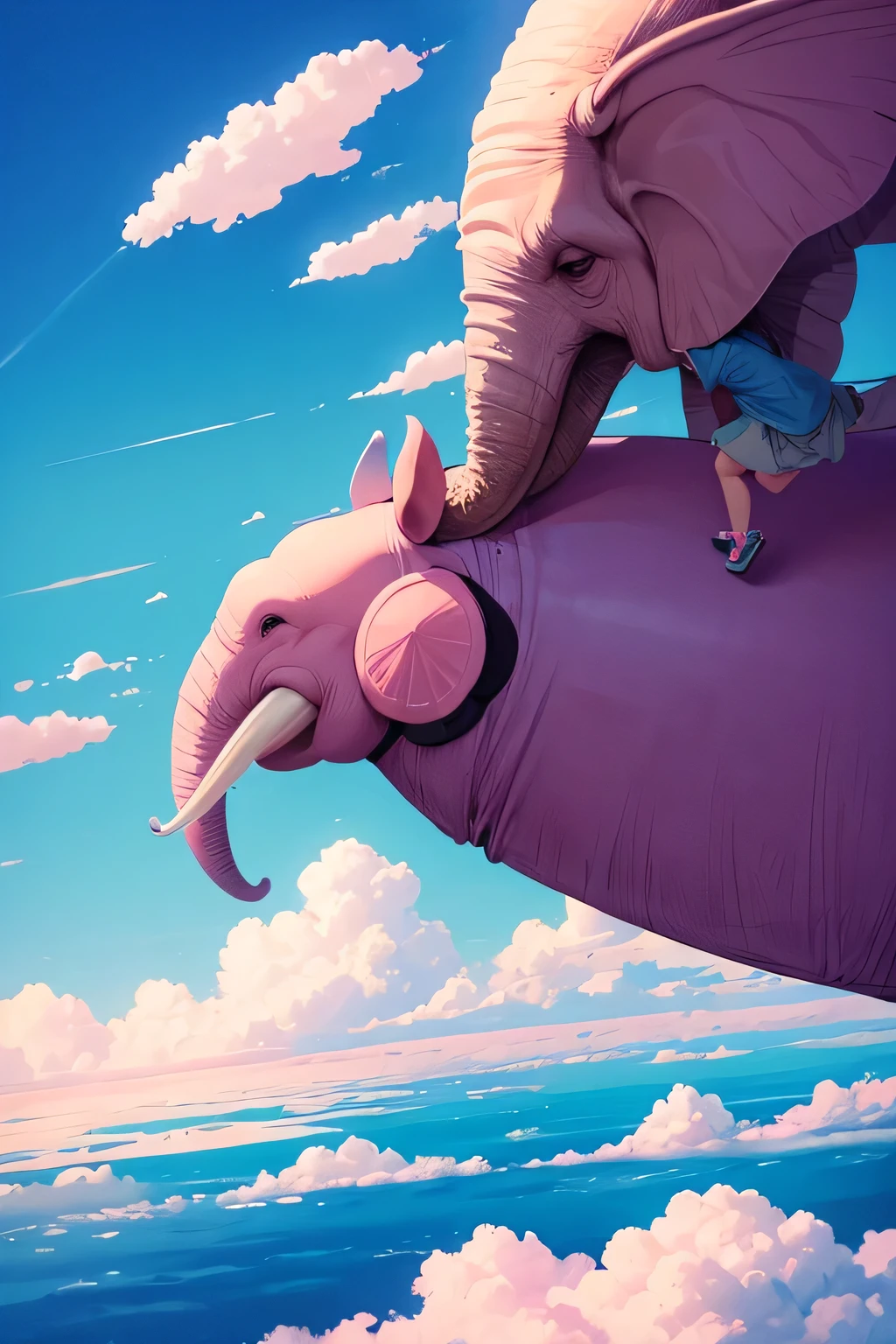 Create a flying elephant, the clouds are blue and pink