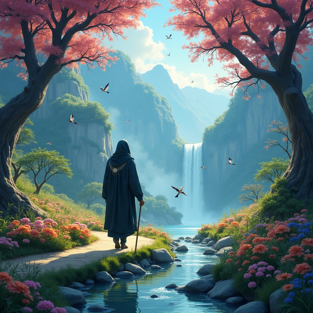 The land of immortality
"The black cabuliwallah is walking by, with various colored flowers on the trees on either side of the road. Small, colorful lovebirds are flying in the sky and perching on the branches. Nearby, a clear stream of water flows over small and large stones, and in the distance, a waterfall is cascading down from the mountains."