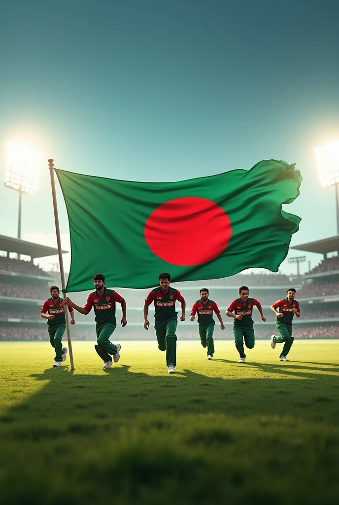 cricket players running with Big Bangladeshi Flag in cricket field view from back side