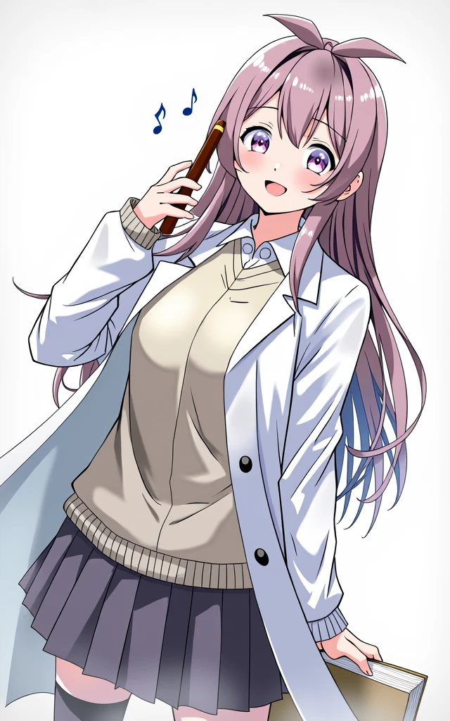 (Daisaku),(Need),(Super meticulous),(full bodyesbian:1.2),1girl,tchibi,adolable,ssmile,open-mouth smile, open-mouth smile,Light blue background,Raise your right hand,Hold a pencil in hand,Hold a book in your left hand,Music,Pink berets,cloak,The shirt, (short detailed:1.3)