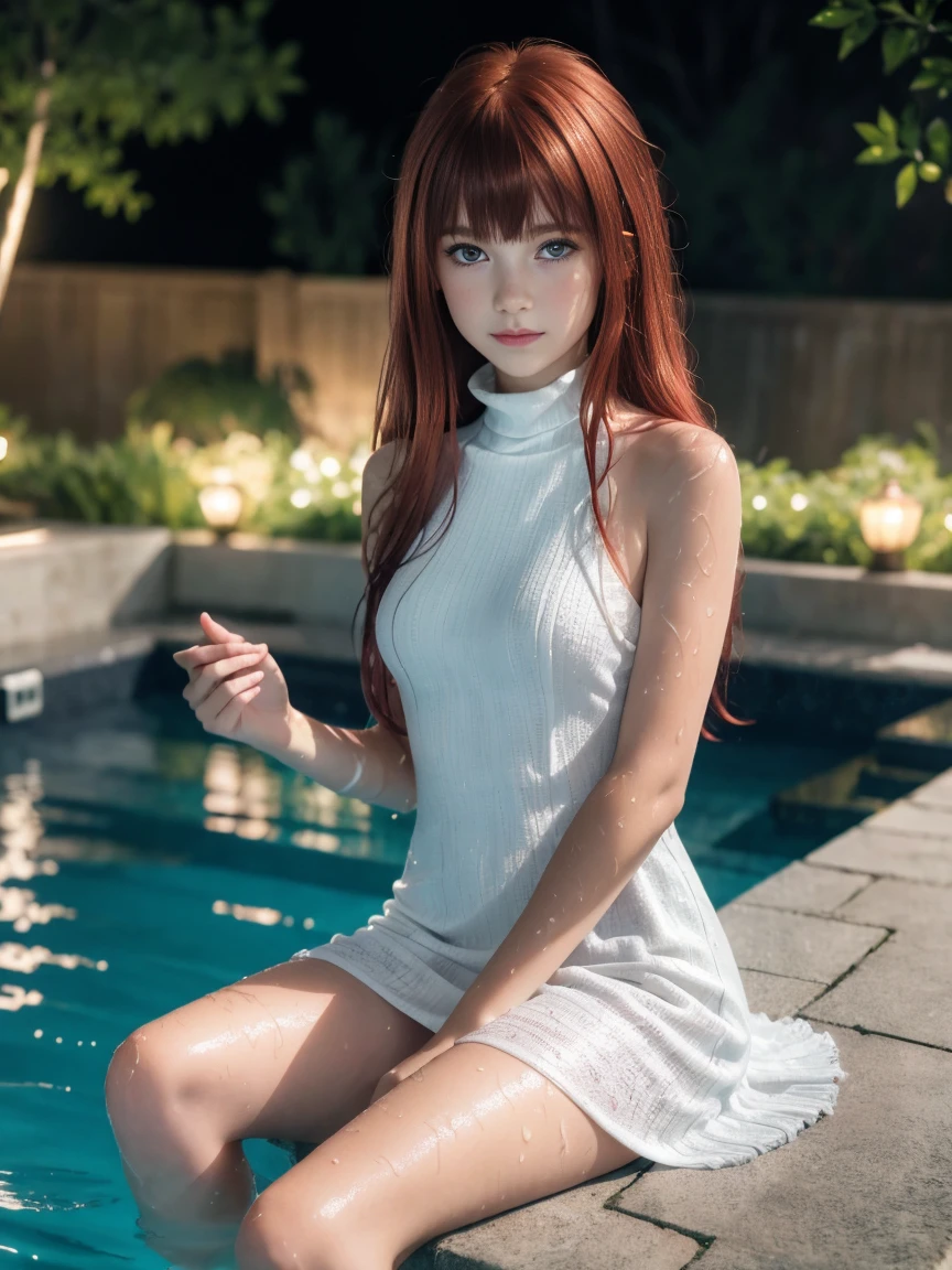 Ultra photoreal, Intricate details, Photorealistic,Ultra detailed, 4K, 8K, award-winning glamour photography, ((best quality)) ((masterpiece)) ((realistic)) ((inside the pool scene)) ((using a dress in to the water)) ((submerged in water)) ((splasing in pool)) ((midnight)) ((moon light)) beautiful redhead ((gorgeous childish ginger girl)) ((Redhead nymphete Named Claire)) ((wavy long red hair)) ((wearing one piece turtle neck white expensive dress))12 yo girl, nsfw, naive, shy, short, thin, fit, beautiful, cute, pale skin, (long intense red hair), green eyes, just a little smile, small pointy sagging breasts, sitting outside at night, city landscape background, ((perfect breasts)), innocent, intricate details, highly detailed, sharp focus, professional, 4K, blooming spring flowers, god rays, hand model, dazzling green eyes, small, delicate, innocent, highres, european facial details, high detail, sharp focus, smooth, aesthetic, extremely detailed, photo_ (ultra), photorealistic, realistic, post-processing, maximum detail, roughness, real life, ultra realistic, photorealism, photography, 8k Uhd, photography, light SEMI-SILHOUETTE, irish face, ((fragile girl)) ((fringe with textured bangs))
