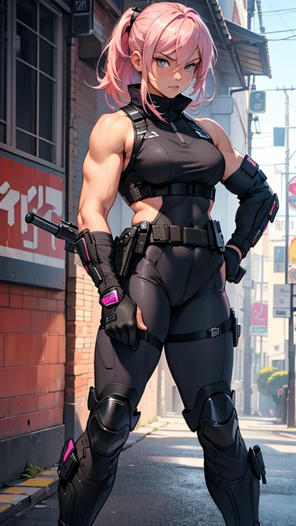 Beautiful girl detailed muscles realistic masterpieces full figure pose (best quality,ultra-detailed), pink hair, fair skin, fit body, slim figure, narrow waist, (cocky expression), tactical black SWAT uniform with police insignia