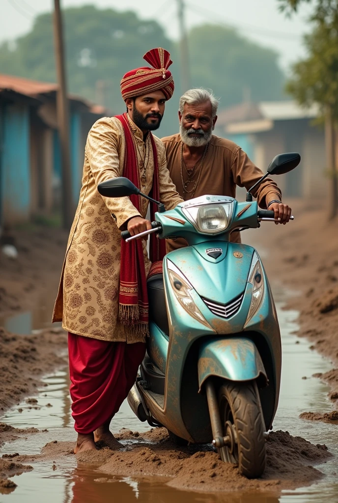 Ek ladka hai jisne apni shaadi ki sherwani pahan rakhi hai vah ek kichad mein fanse hue scooter ko bahar nikal raha hai ek uncle ki help Karta hai 