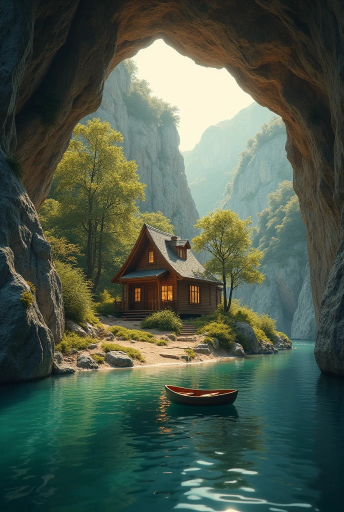 a small tiny house in center of cave on small island, surrounded by serene lake, beautiful detailed house, stone cave walls, underwater scene, clear water, calm lake, sunlight shining through cave entrance, warm golden lighting, highly detailed, photorealistic, 8k, cinematic, dramatic lighting, mystical atmosphere. Small boat. 