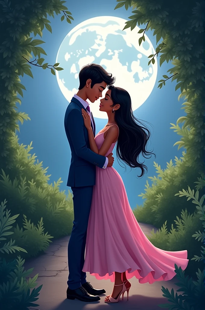 Generate a Disney Pixar style image. A couple hugging, she with a light brown skin tone, pink satin dress above the knee, long black broken hair and white sneakers. The boy, light brown skin, wearing a navy blue suit and lilac shirt, black shoes. It's night with bushes behind them