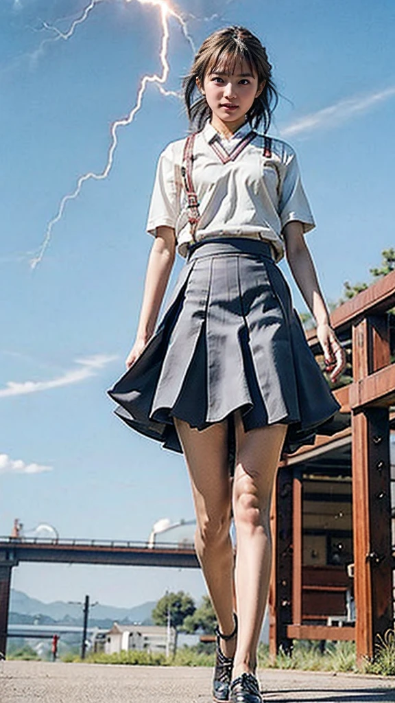masterpiece, Highest quality, High resolution,8k, 1 hair clip, Tokiwadai School Uniform、Tokiwadai school emblem on the left chest、Short sleeve、 Realistic,Several wind turbines can be seen nearby..、blue sky、smile、Lightning shoots out from the body、emit electricity from the body、Light grey mini skirt、lightning strikes