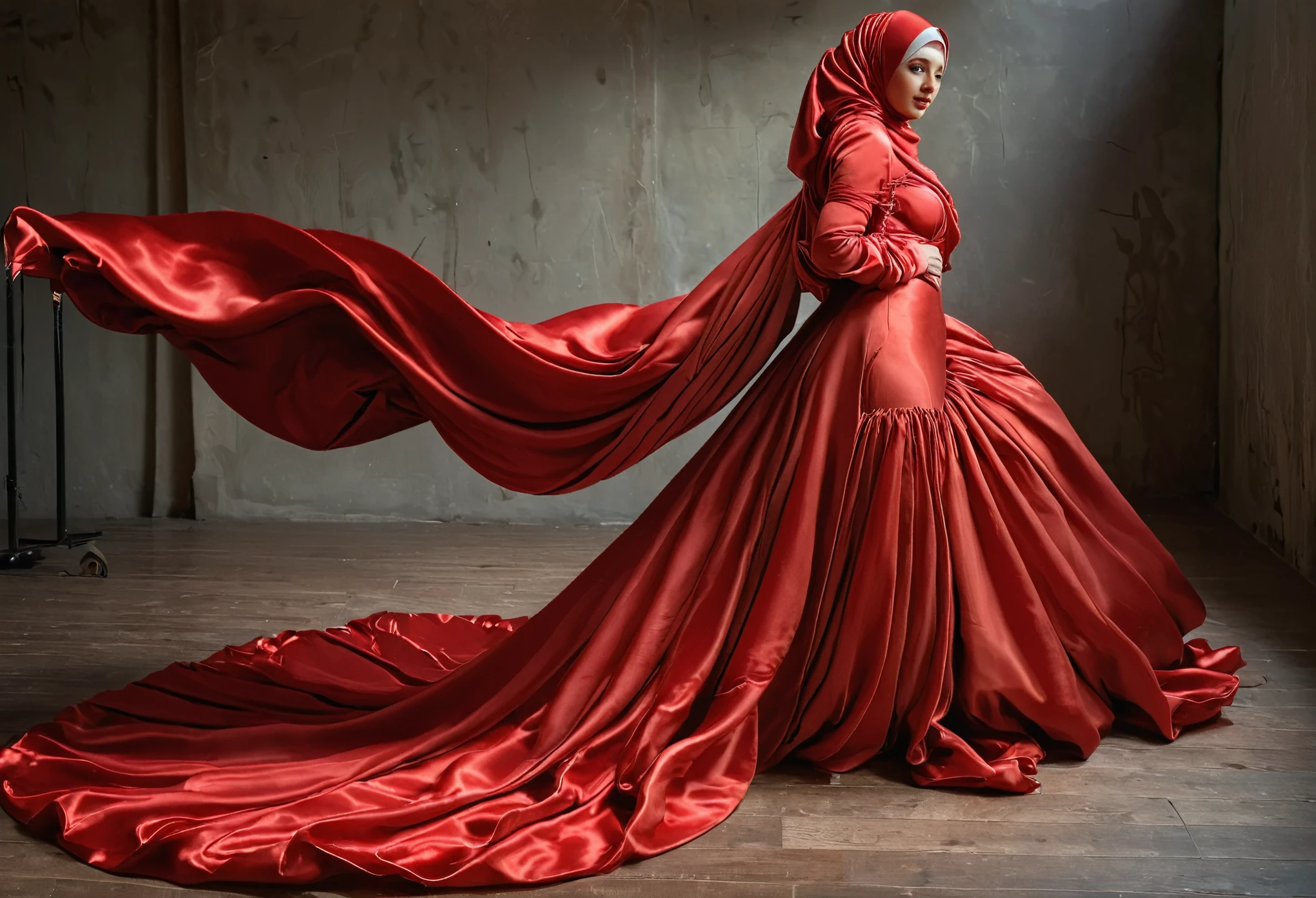 A woman shrouded in a 10-meter-long, plush red satin cloth, ballon sleeves, tightly bound and grandly draping along the form of her body, flowing off into a pooled floor-length train, styled in a mermaid-inspired outfit, her head modestly veiled in a satin hijab, 175 height woman, walk in photo studio, a full-body pose conveying a sense of elegance, captured in a 4k resolution, ultra-realistic