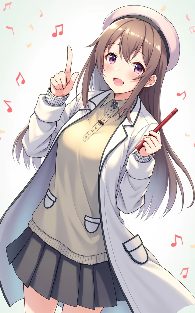 (Daisaku),(Need),(Super meticulous),(full bodyesbian:1.2),1girl,tchibi,adolable,ssmile,open-mouth smile, open-mouth smile,Light blue background,Raise your right hand,Hold a pencil in hand,Hold a book in your left hand,Music,Pink berets,cloak,The shirt, (short detailed:1.3)