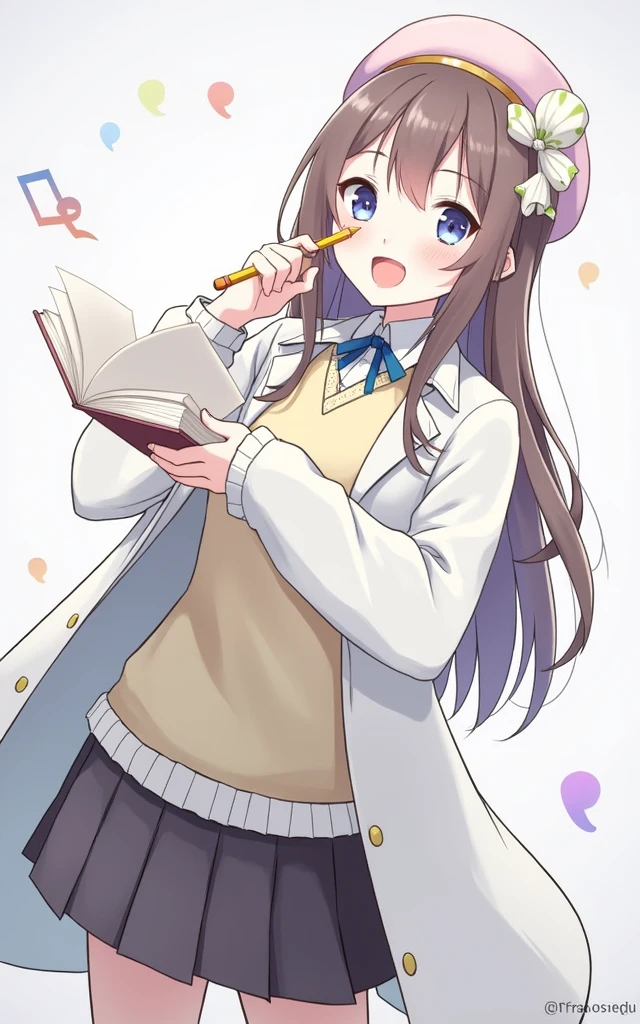 (Daisaku),(Need),(Super meticulous),(full bodyesbian:1.2),1girl,tchibi,adolable,ssmile,open-mouth smile, open-mouth smile,Light blue background,Raise your right hand,Hold a pencil in hand,Hold a book in your left hand,Music,Pink berets,cloak,The shirt, (short detailed:1.3)