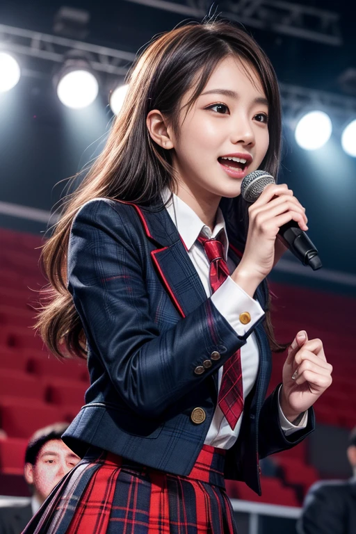 ​(realistic, photo-realistic), (masterpiece, best quality), high resolution, intricate details, extremely detailed, sharp focus, looking at the viewer, solo, 1girl, an idol group member, (AKB48-style costume), (navyblue blazer with red trim on cuffs and red collar lining, emblem, white collared shirt, tie:1.2), (red miniskirt, tartan check plaid skirt, pleated skirt:1.3), kawaii, cute face, big smile, holding a microphone with one-hand and singing, dynamic lighting, cinematic lighting, professional lighting, pale skin, detailed face, detailed  eyes, beautiful pupils, sophisticated nose, photo background, indoors, the concert venue, audience in background,