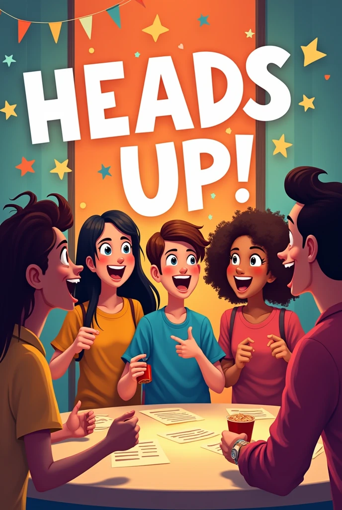 friends playing dumb charades game, colorful picture, Heads Up is written on the picture