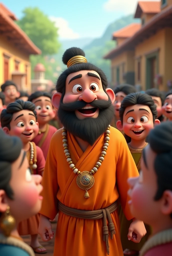 In cenemetic 3d cartoon style ' Ramhu surrounded by grateful villagers, all with expressions of admiration and respect. The village scene reflects a sense of community and happiness..