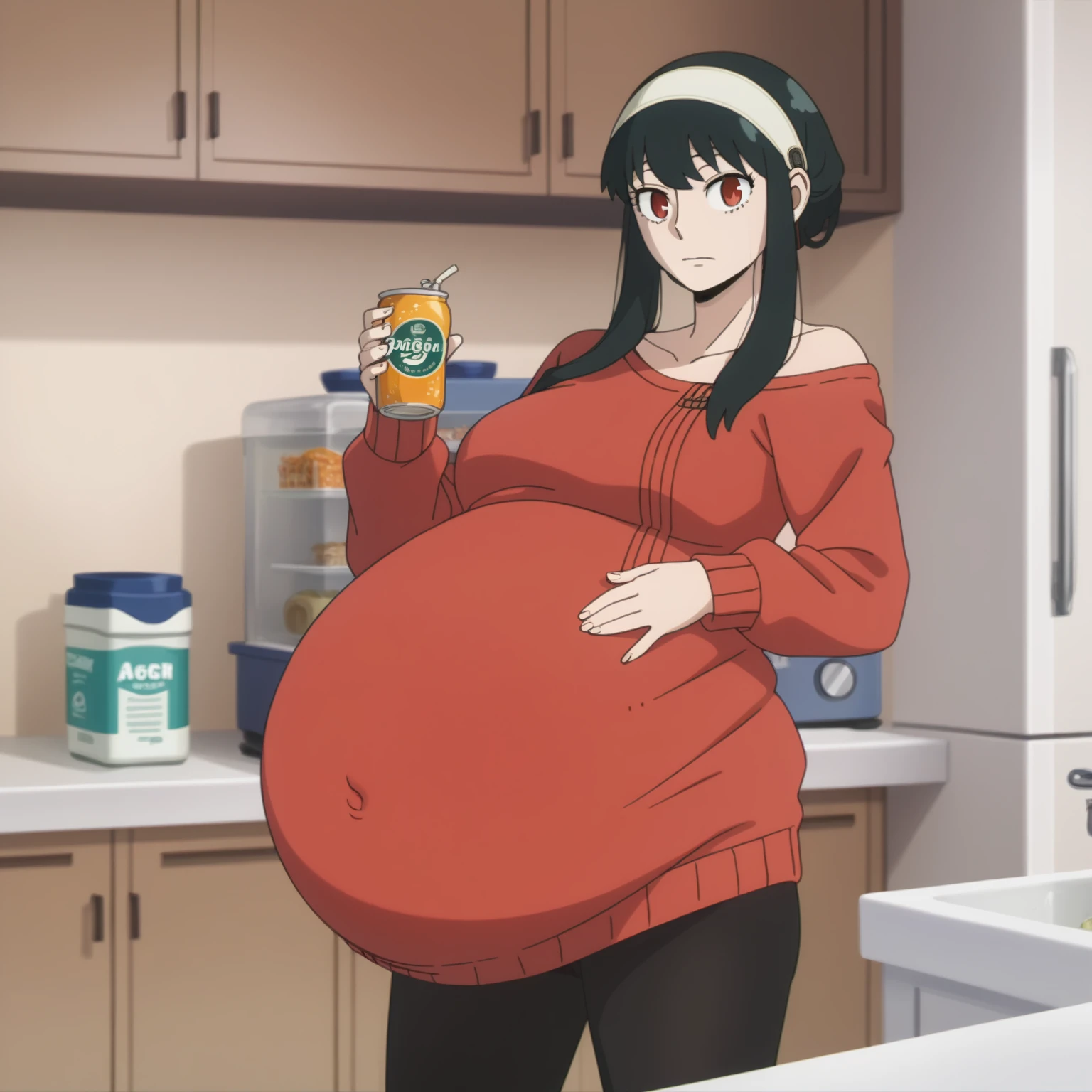looking at viewer, solo, YorForger,1girl, ((middle breast)), ((belly stuffed)), ((huge belly)), ((staggers)), black hair, red eyes, short hair with long locks, white hairband, off shoulder, ((red sweater)), black pantyhose, ((drank too much)), ((exhausted)), ((agitated)), ((in front of a fridge)), ((open fridge)), ((lean on the fridge)),