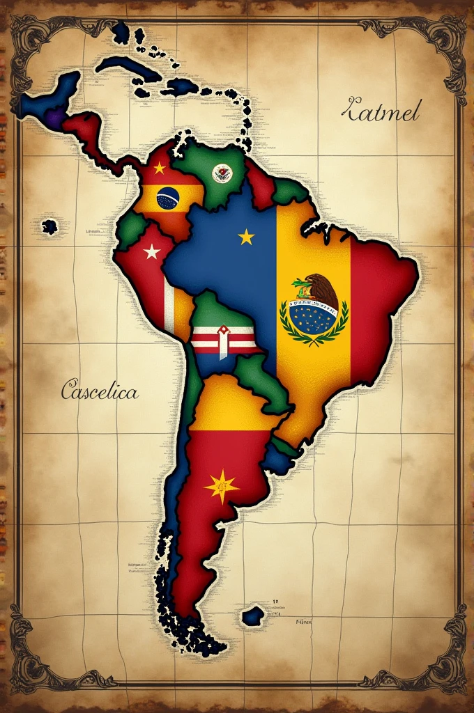 Old map of America with the flags of the Latin countries