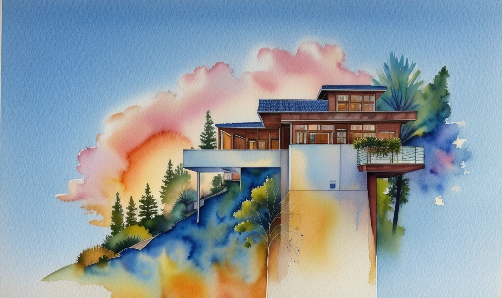 (masterpiece, best quality: 1.2), KTHOUSE Style - Watercolor sketch, Watercolor style, modern style villa, on a cliff with many trees, clear blue sky, sunrise