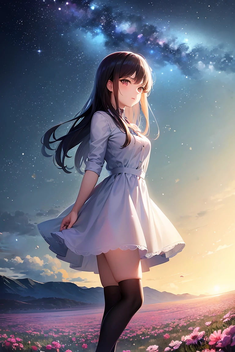 A girl on a meadow,Stars twinkling in the sky,Shining Star,milky way,I look up and see,masterpiece,Highest quality,最高masterpiece,Detailed anime art,Digital Art,