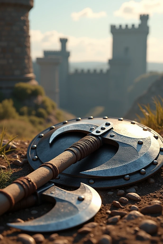 You can create two axes, a sword and a metal shield on the ground and a castle in the background?